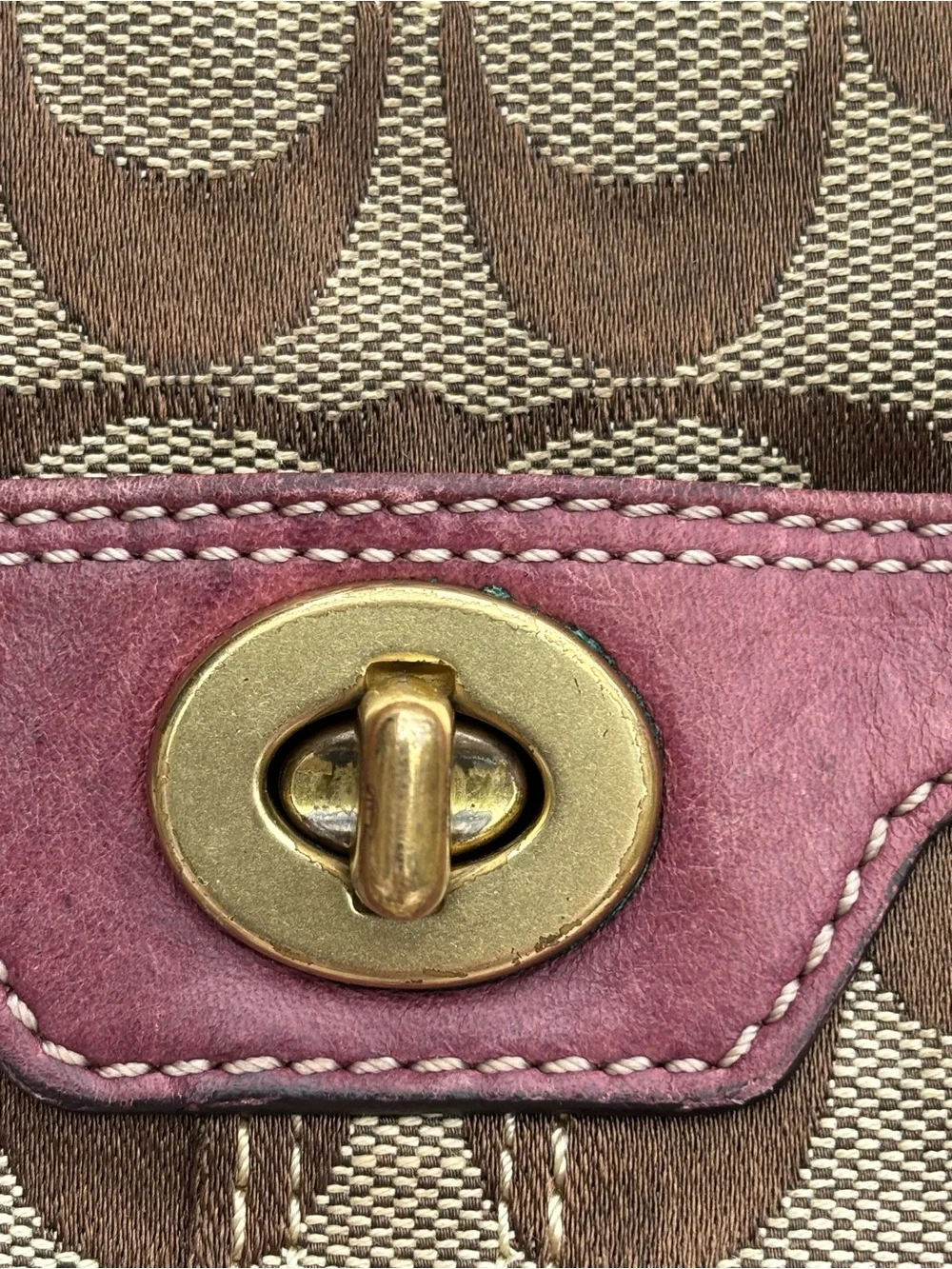 Coach Small Crossbody with Brown Signature Canvas and Pink Trim